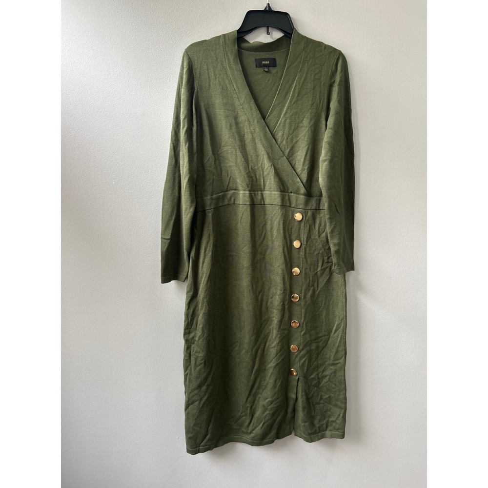 Maia Olive Green V-Neck Long Sleeve Sweater Dress Gold Buttons Size L NEW